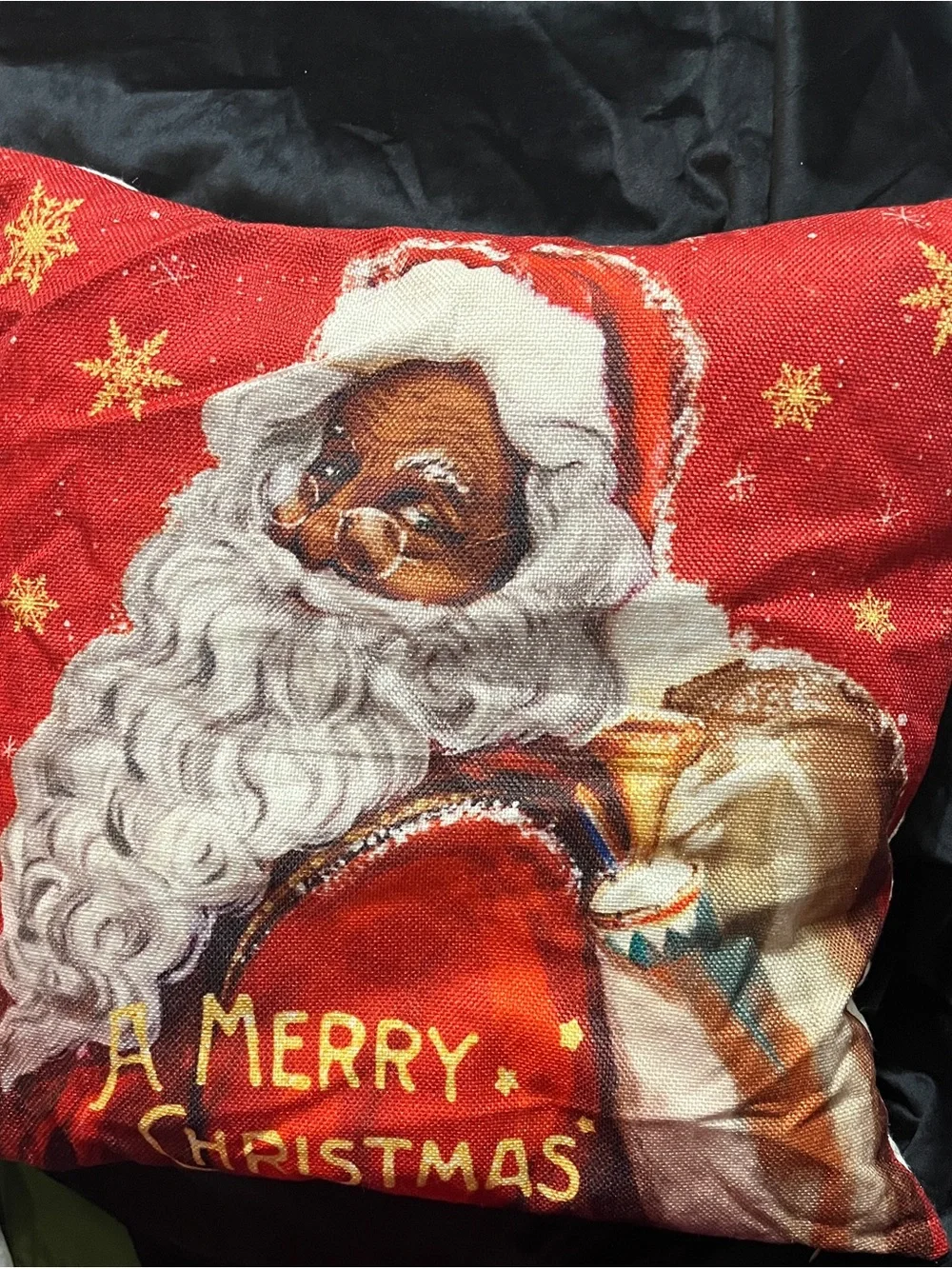 Black Santa Christmas Pillow Cover 17” Red Gold African American Holiday Decor